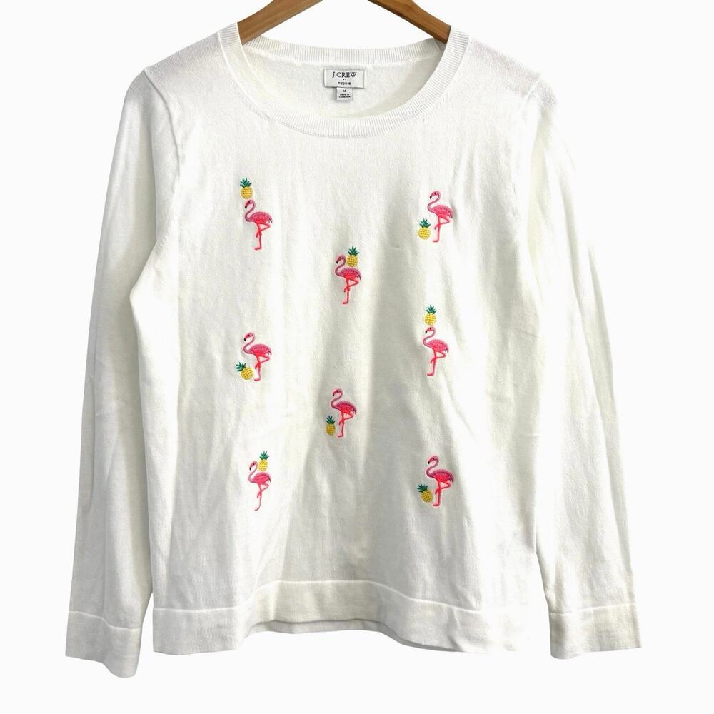 J. Crew Teddie Sweater Embroidered Flamingo Women’s Size Medium Preppy Tropical